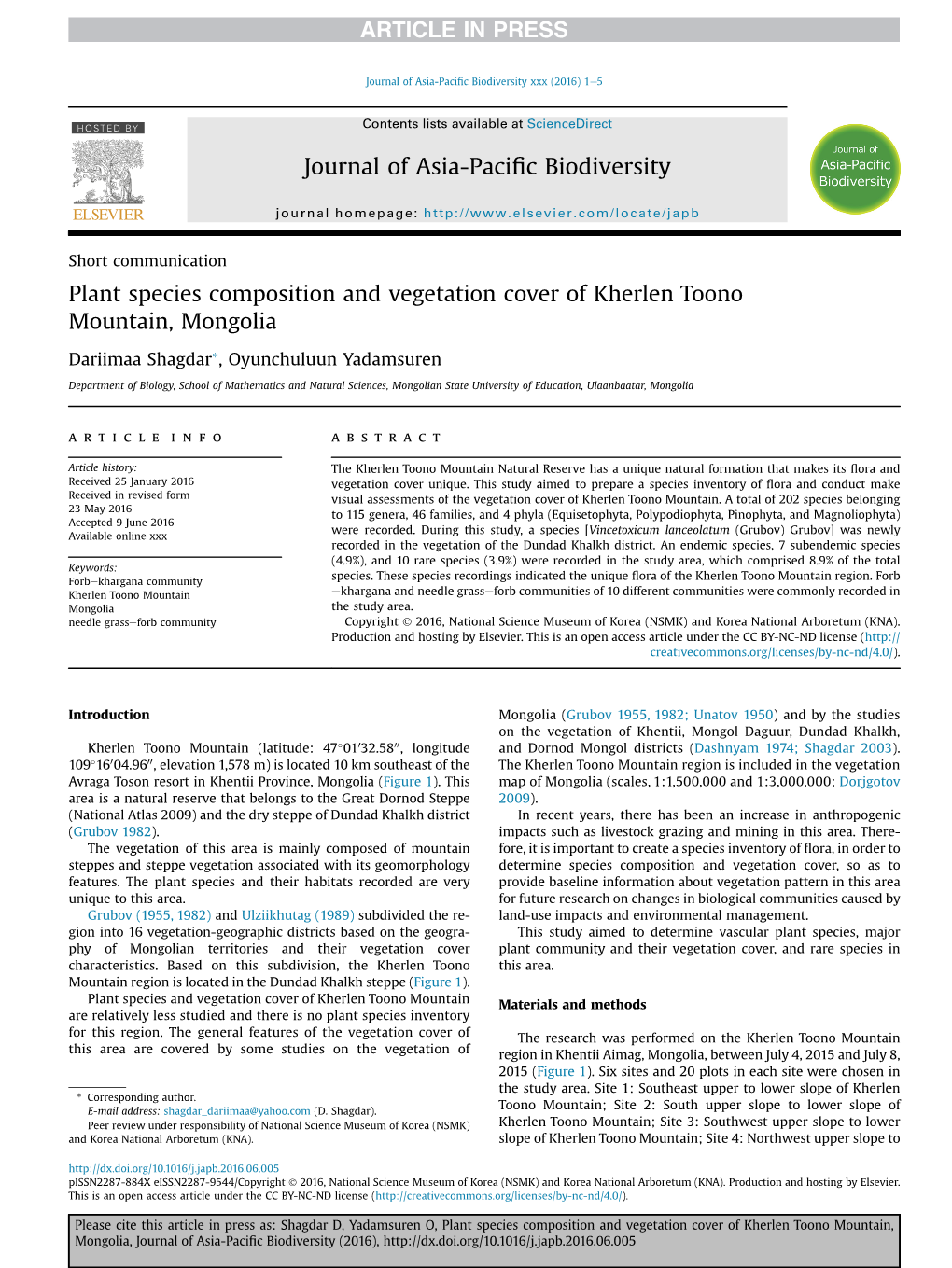 Plant Species Composition and Vegetation Cover of Kherlen Toono Mountain, Mongolia