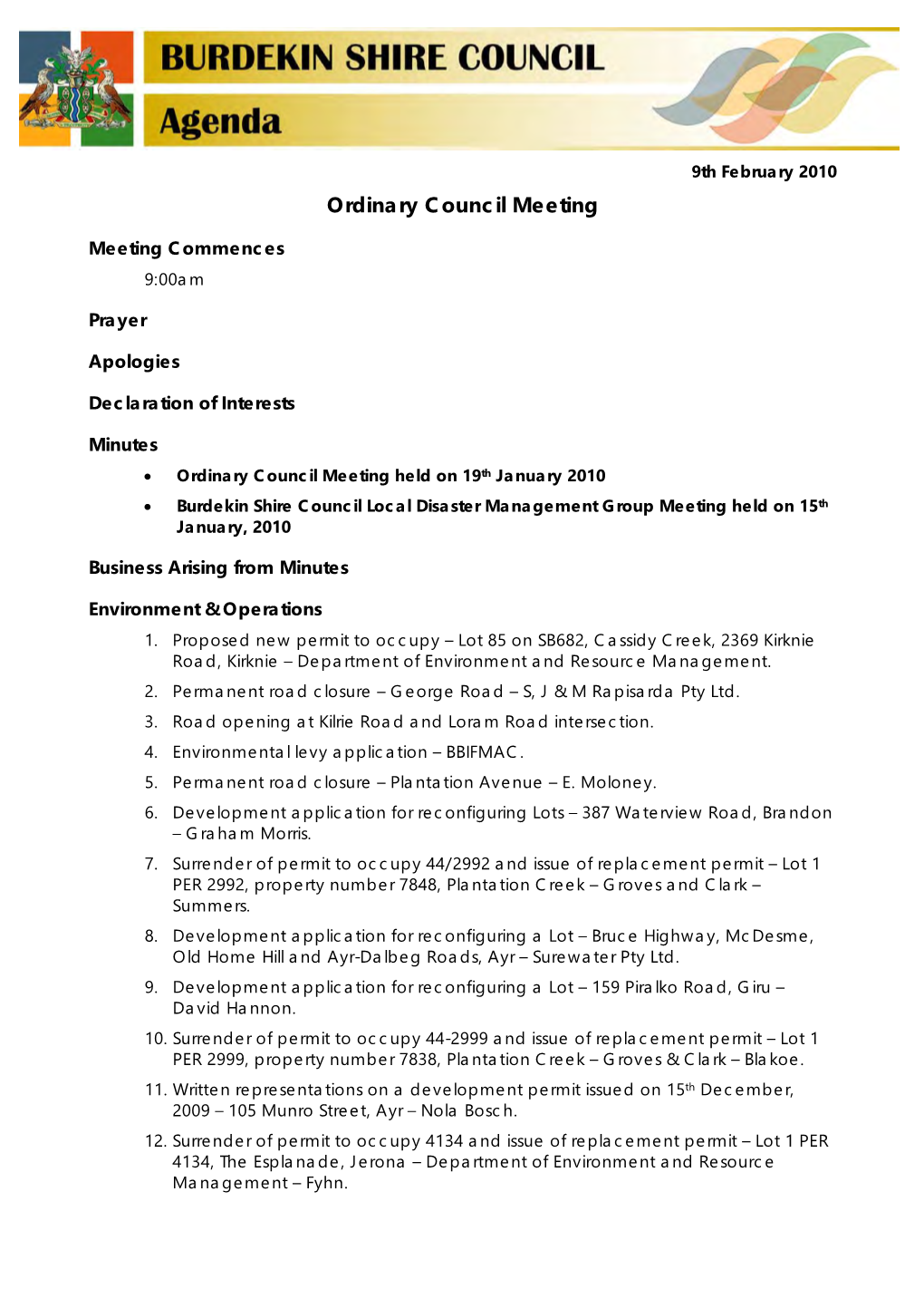 9Th February 2010 Ordinary Council Meeting