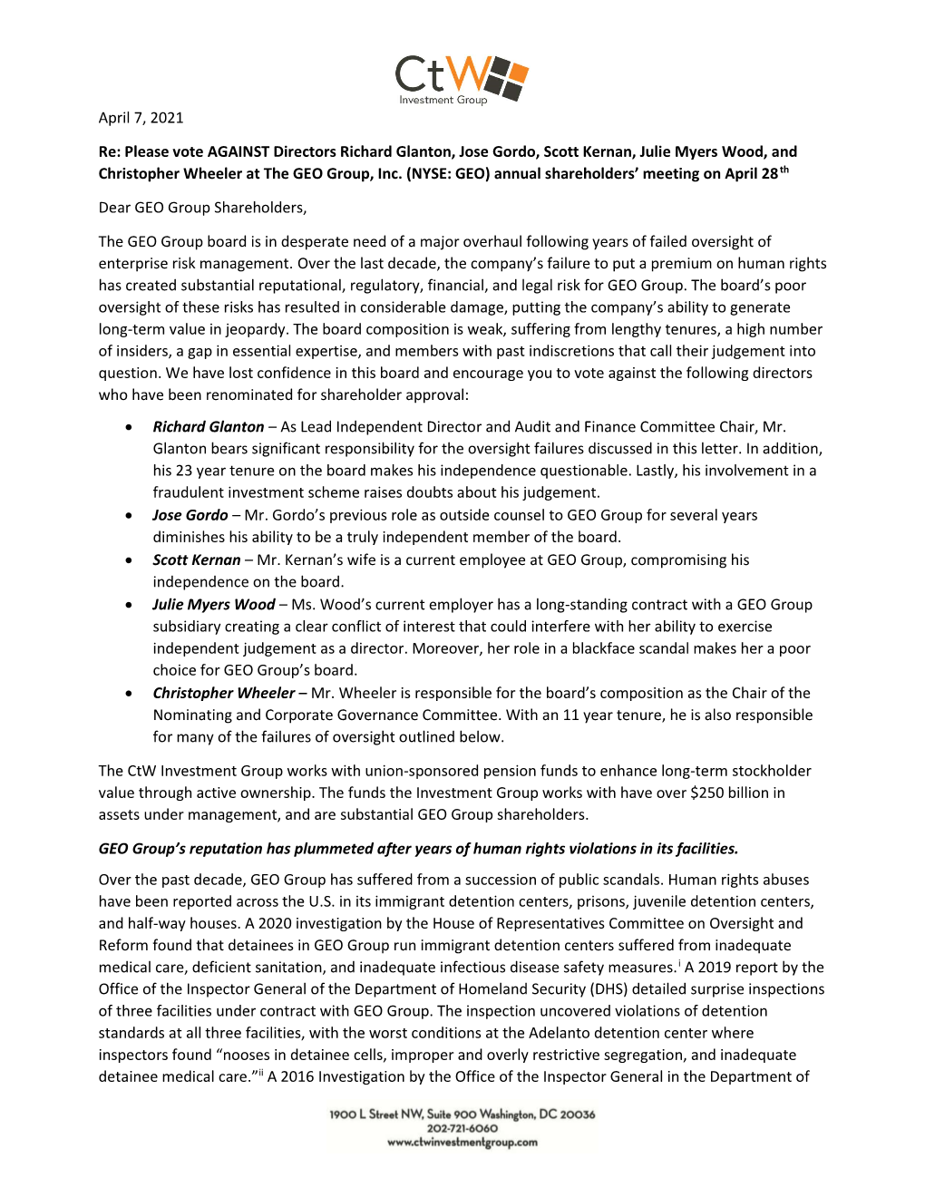 Please Vote AGAINST Directors Richard Glanton, Jose Gordo, Scott Kernan, Julie Myers Wood, and Christopher Wheeler at the GEO Group, Inc