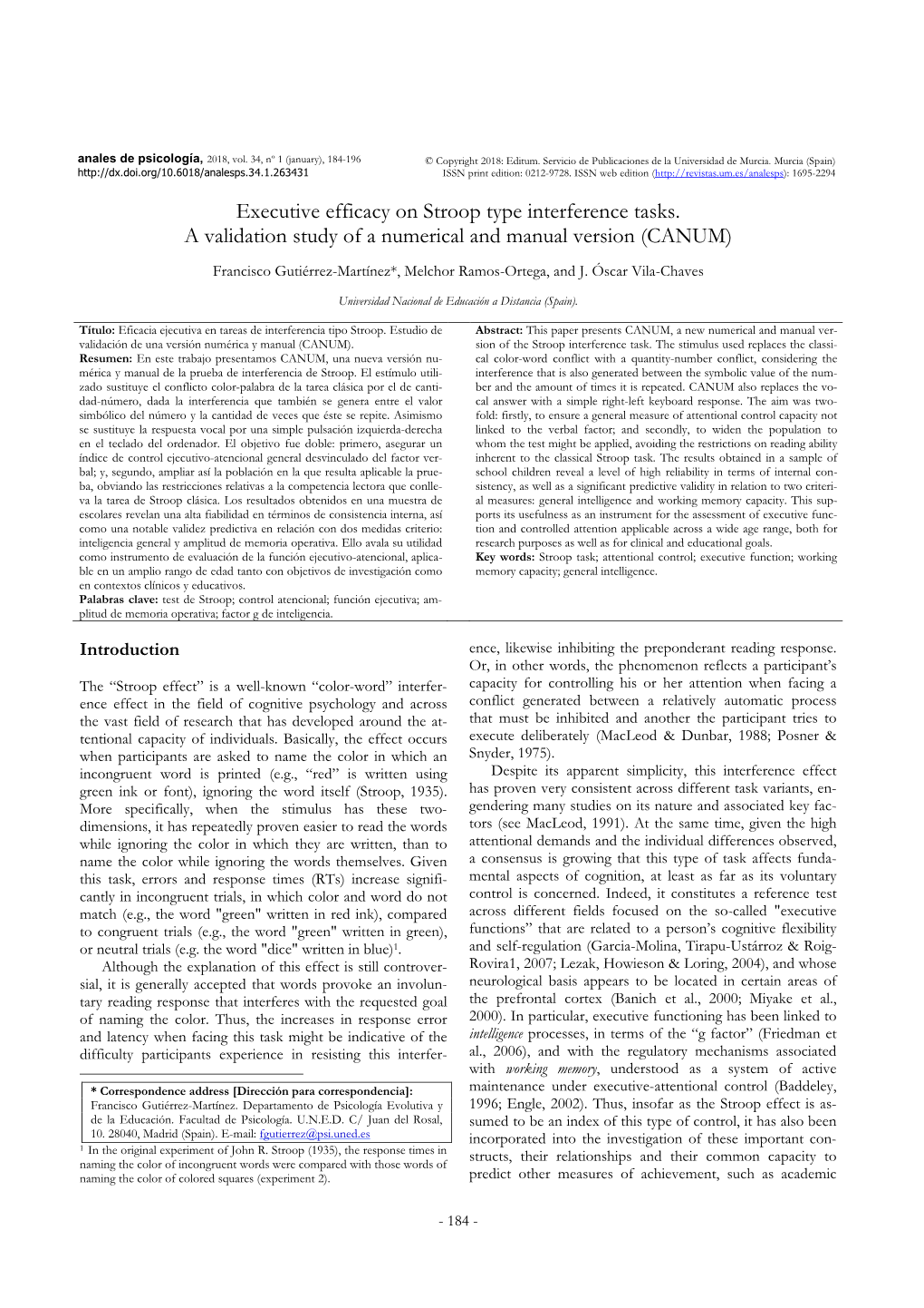 Executive Efficacy on Stroop Type Interference Tasks. a Validation Study of a Numerical and Manual Version (CANUM)