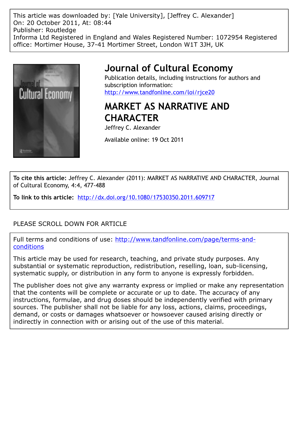 MARKET AS NARRATIVE and CHARACTER Jeffrey C