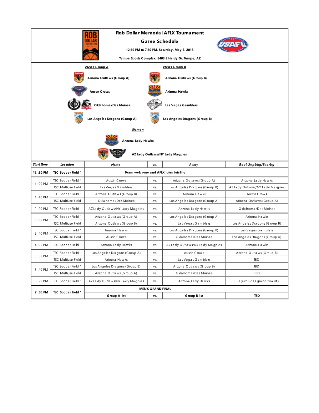 Rob Dollar Memorial AFLX Tournament Game Schedule