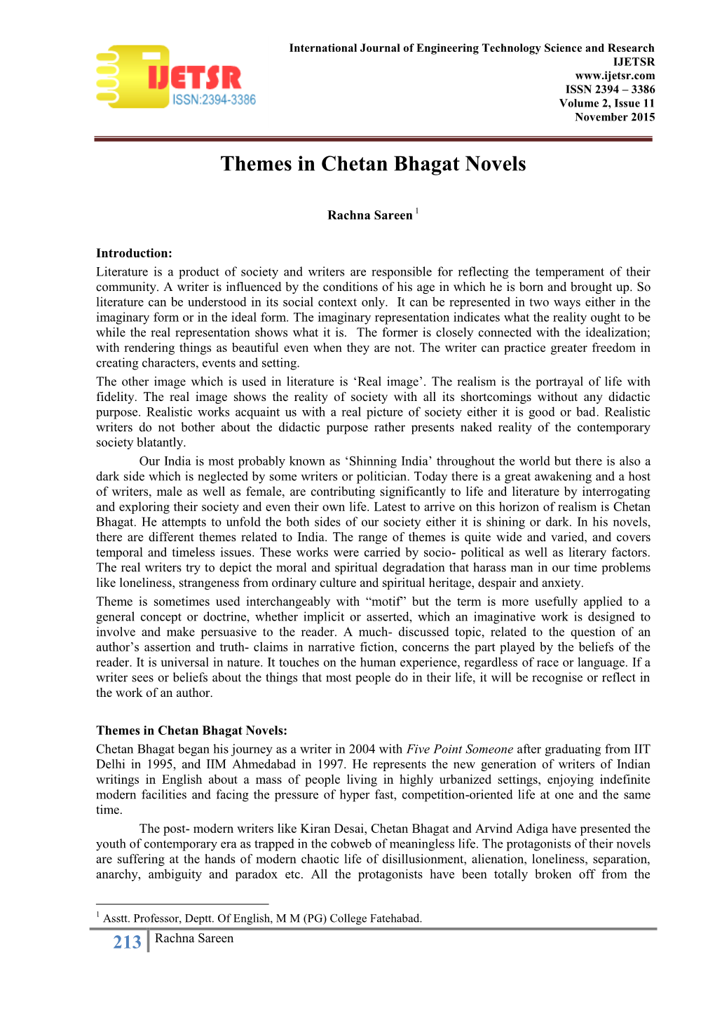 Themes in Chetan Bhagat Novels