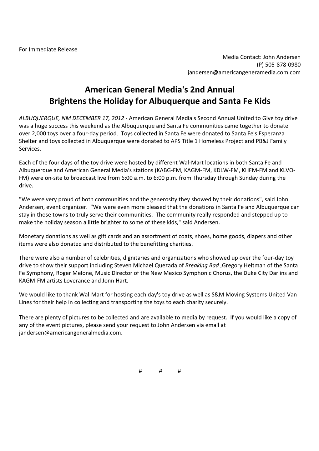 American General Media's 2Nd Annual Brightens the Holiday for Albuquerque and Santa Fe Kids