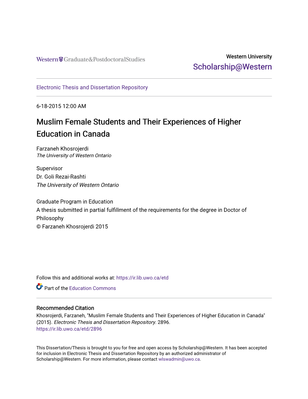 Muslim Female Students and Their Experiences of Higher Education in Canada