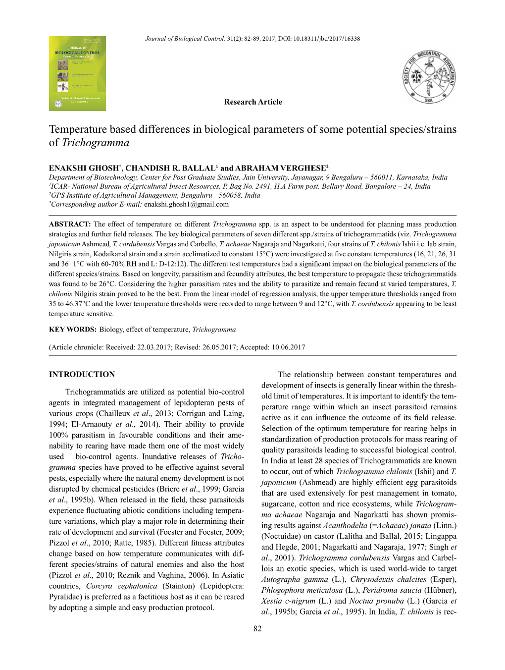 Temperature Based Differences in Biological Parameters of Some Potential Species/Strains of Trichogramma