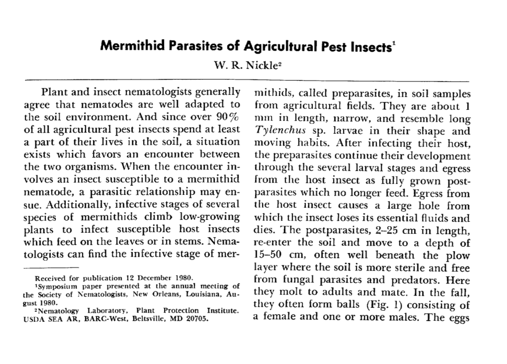 Mermithid Parasites of Agricultural Pest Insects 1 W