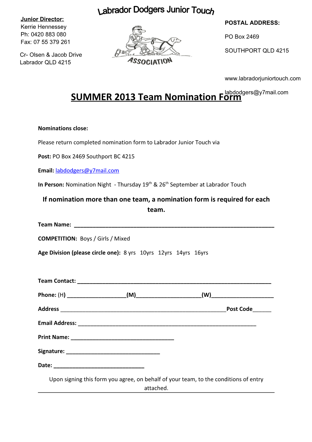 SUMMER 2013 Team Nomination Form