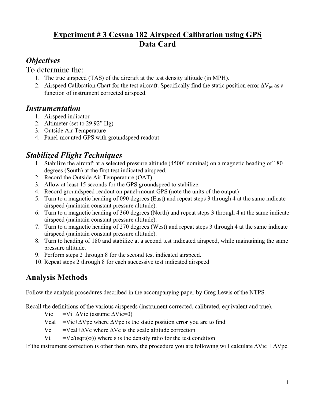 Experiment # 3 Cessna 182 Airspeed Calibration Using GPS Data Card