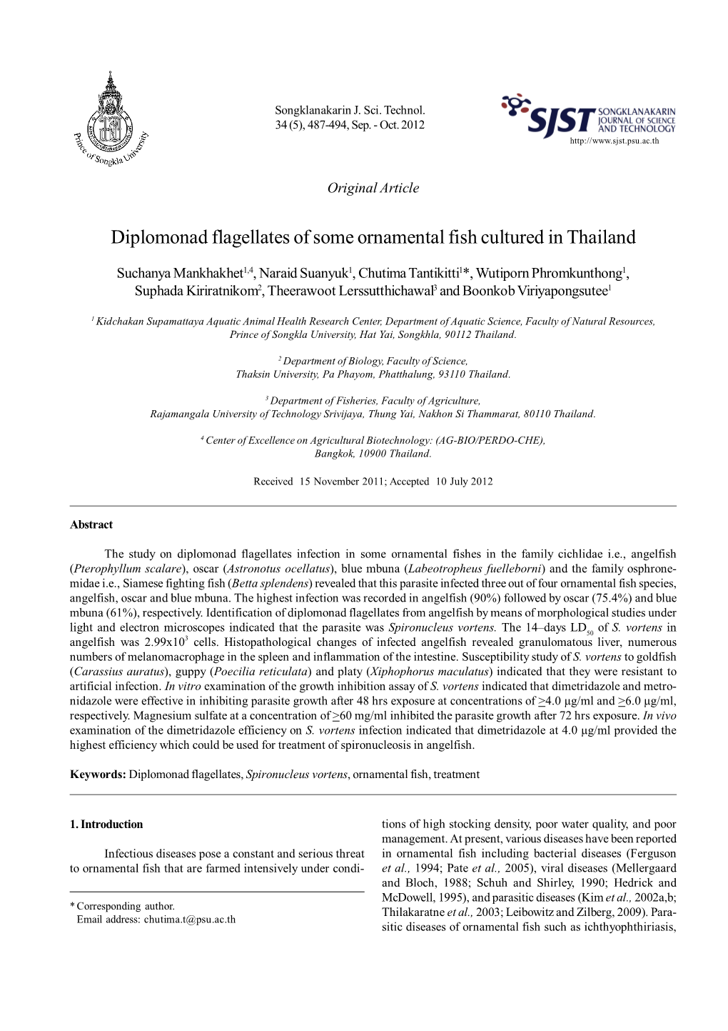 Diplomonad Flagellates of Some Ornamental Fish Cultured in Thailand