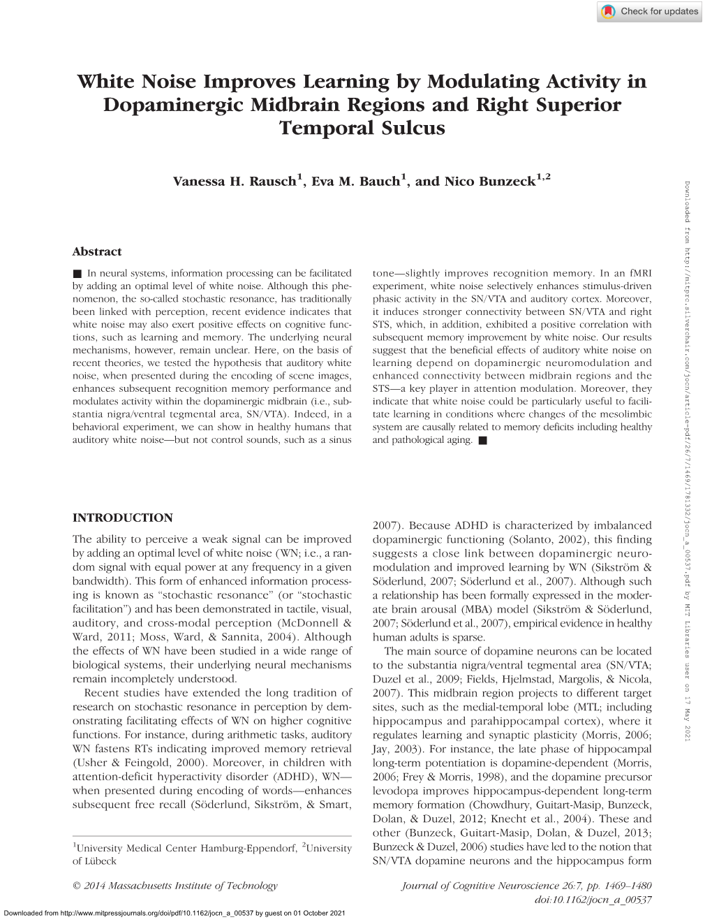 White Noise Improves Learning by Modulating Activity in Dopaminergic Midbrain Regions and Right Superior Temporal Sulcus