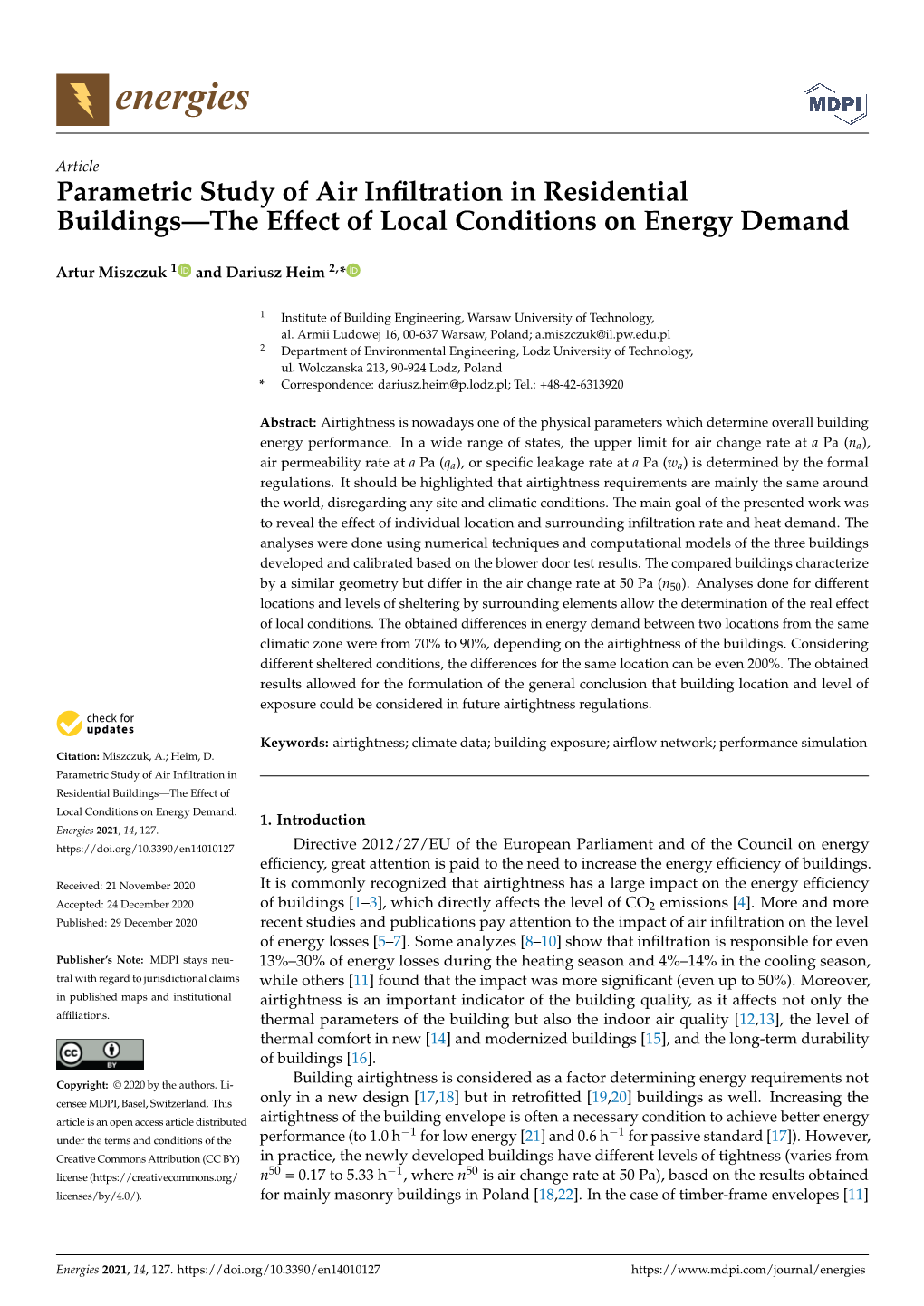 Parametric Study of Air Infiltration in Residential Buildings—The Effect of Local Conditions on Energy Demand