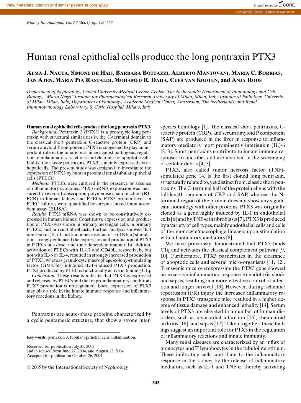 Human Renal Epithelial Cells Produce the Long Pentraxin PTX3