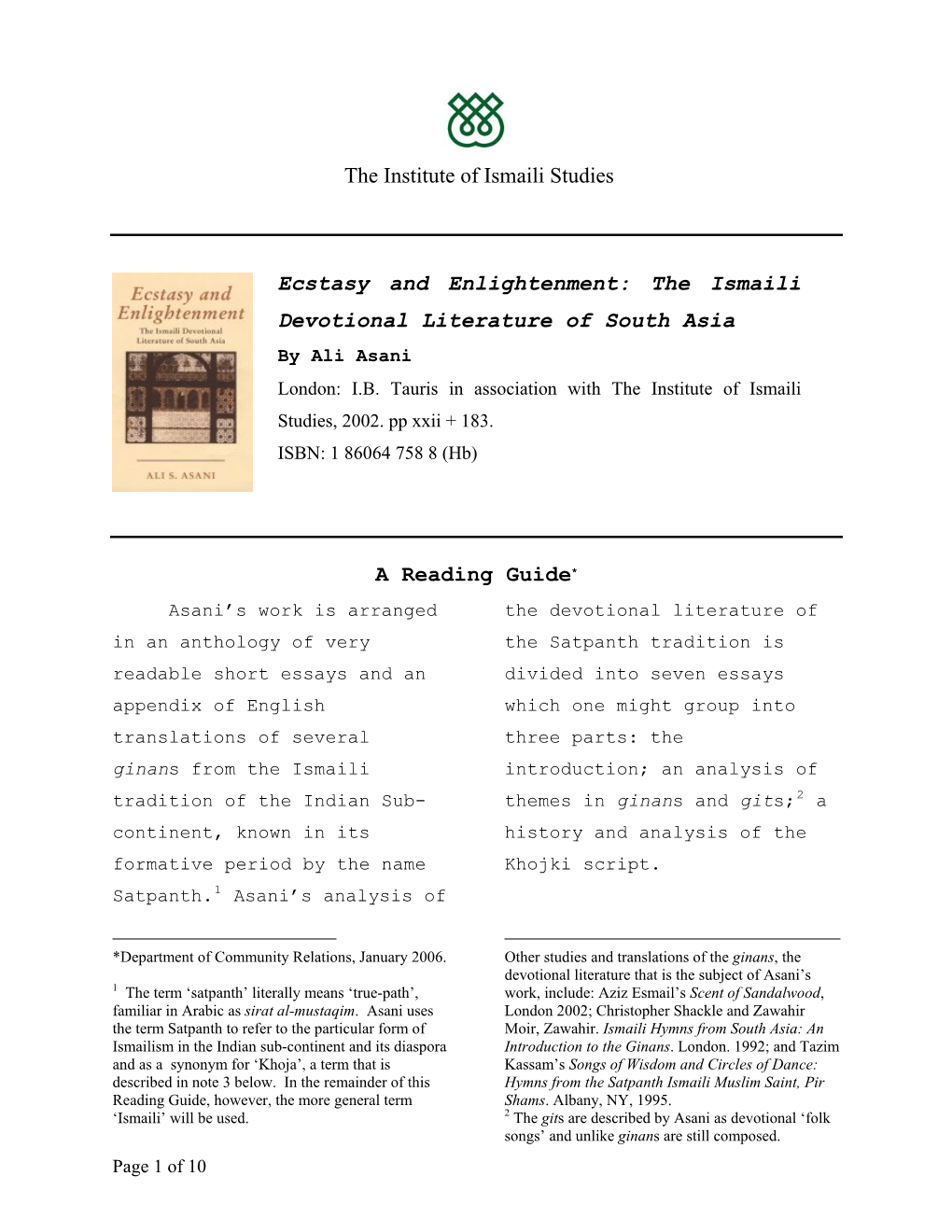 The Ismaili Devotional Literature of South Asia by Ali Asani London: I.B