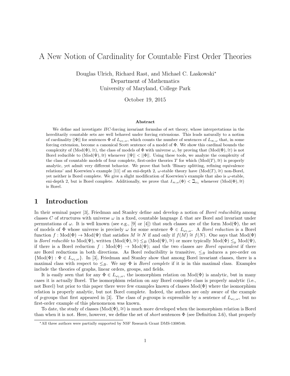 A New Notion of Cardinality for Countable First Order Theories