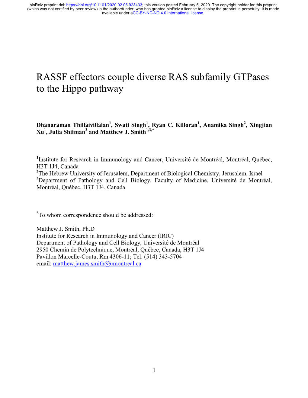 RASSF Effectors Couple Diverse RAS Subfamily Gtpases to the Hippo Pathway