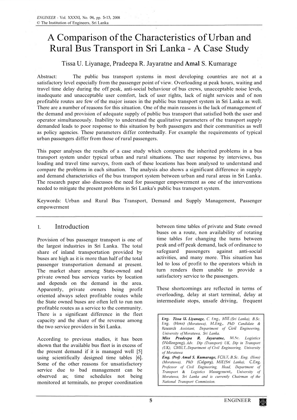 A Comparison of the Characteristics of Urban and Rural Bus Transport in Sri Lanka - a Case Study