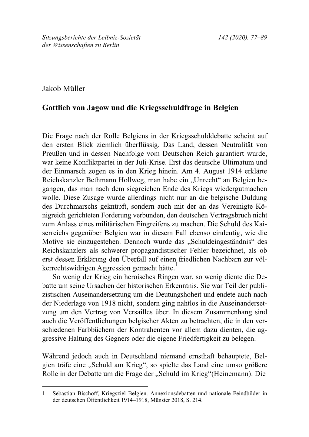 Jakob Müller Gottlieb Von Jagow Und Die Kriegsschuldfrage in Belgien