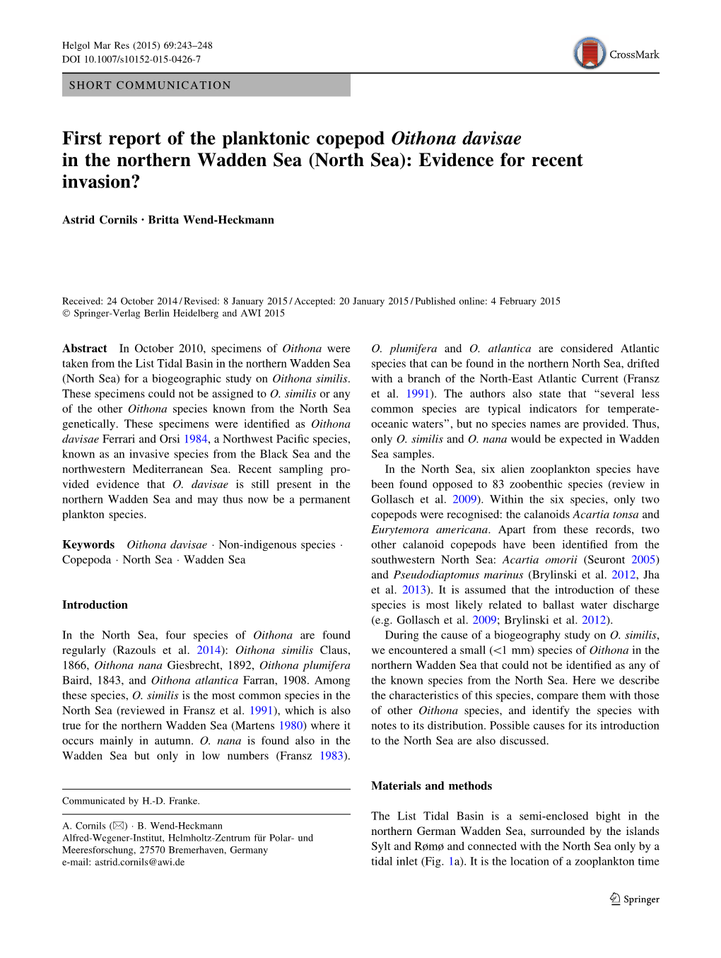 First Report of the Planktonic Copepod Oithona Davisae in the Northern Wadden Sea (North Sea): Evidence for Recent Invasion?