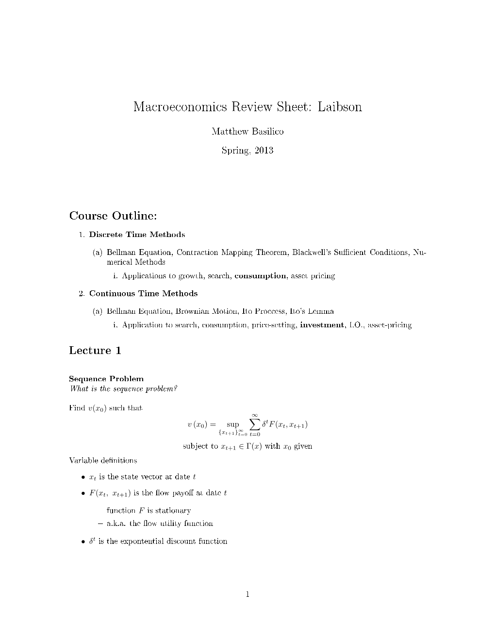 Macroeconomics Review Sheet: Laibson