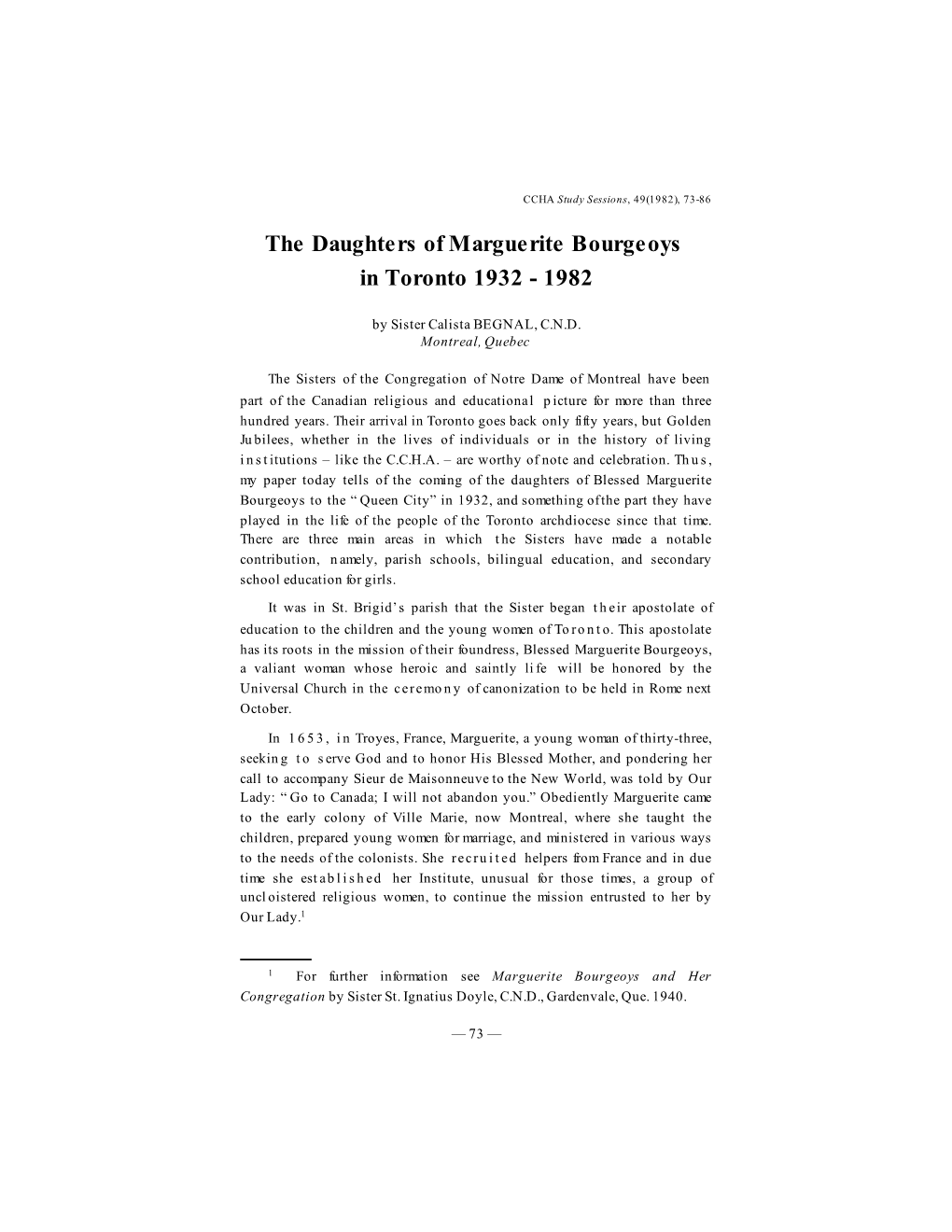 The Daughters of Marguerite Bourgeoys in Toronto 1932 - 1982