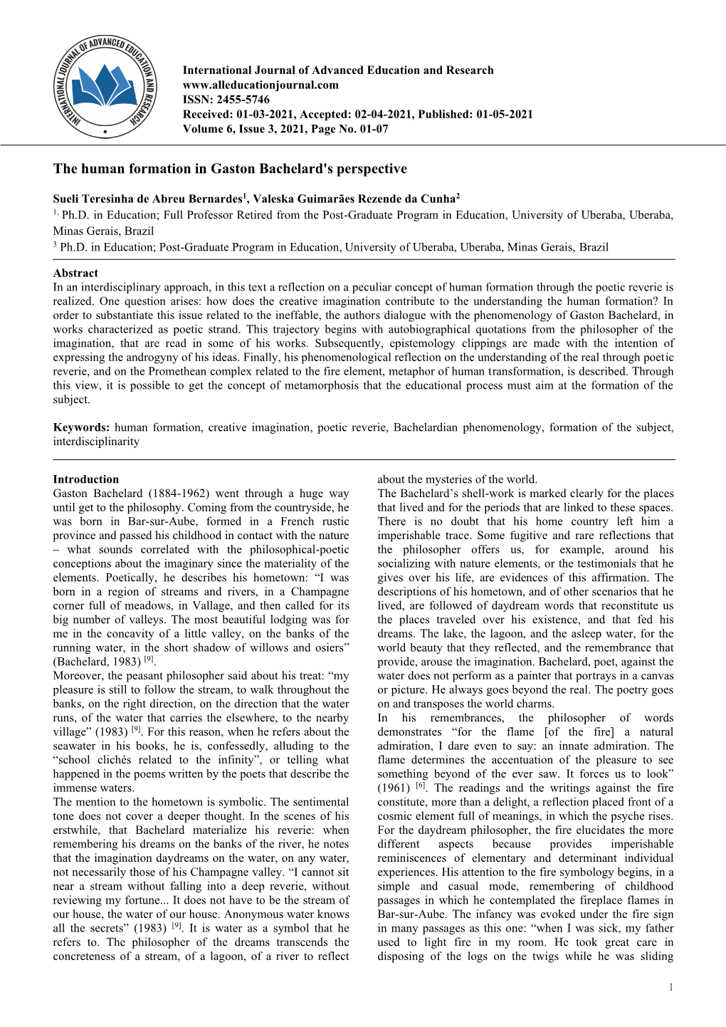 The Human Formation in Gaston Bachelard's Perspective