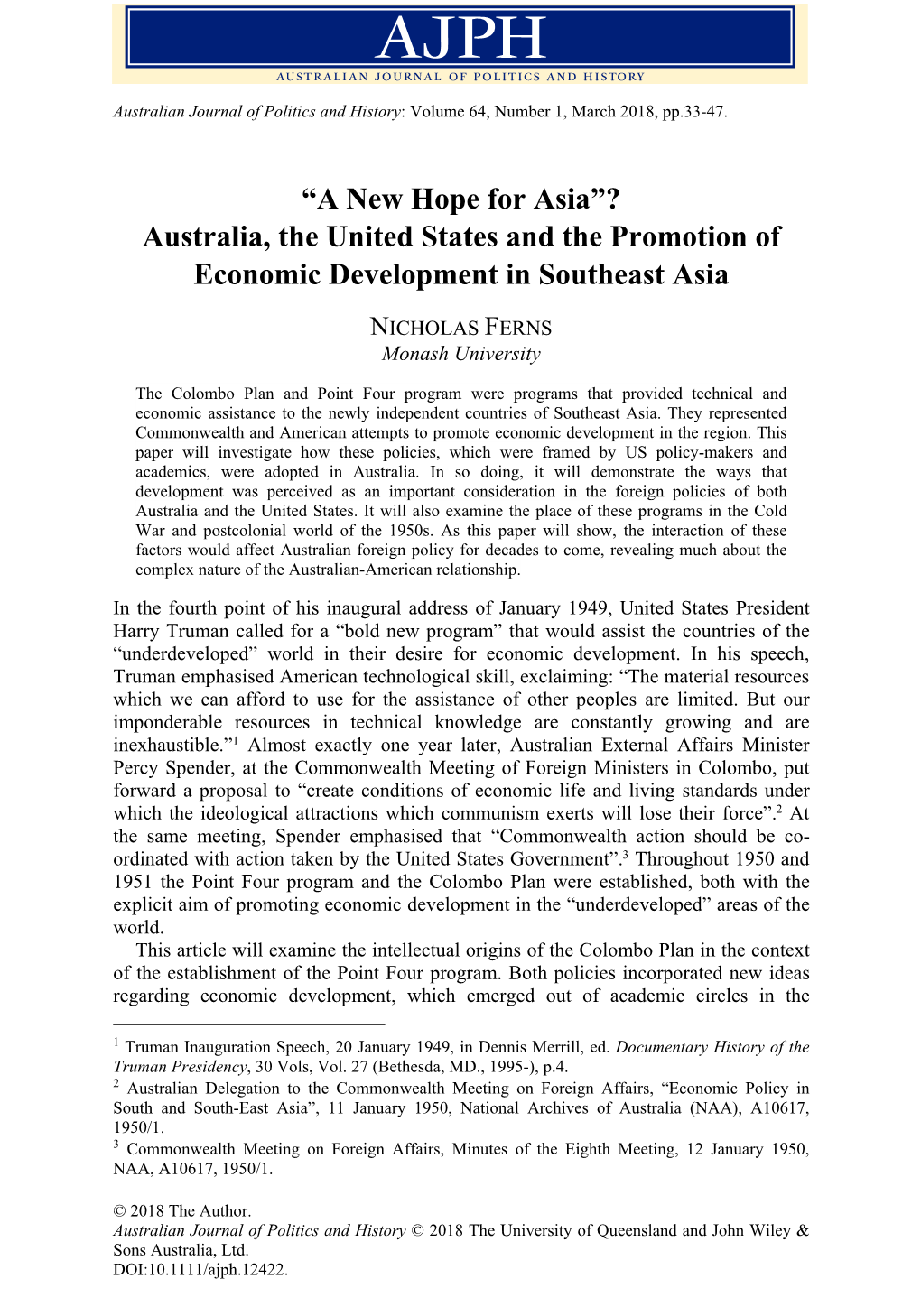 “A New Hope for Asia”? Australia, the United States and the Promotion of Economic Development in Southeast Asia