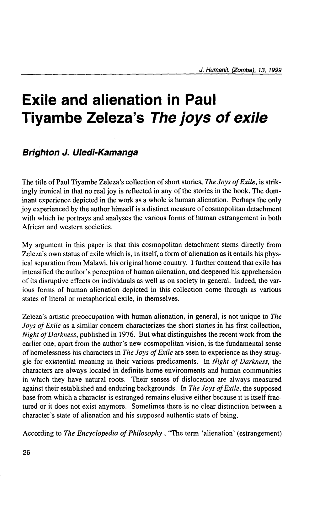 Exile and Alienation in Paul Tiyambe Zeleza's the Joys of Exile