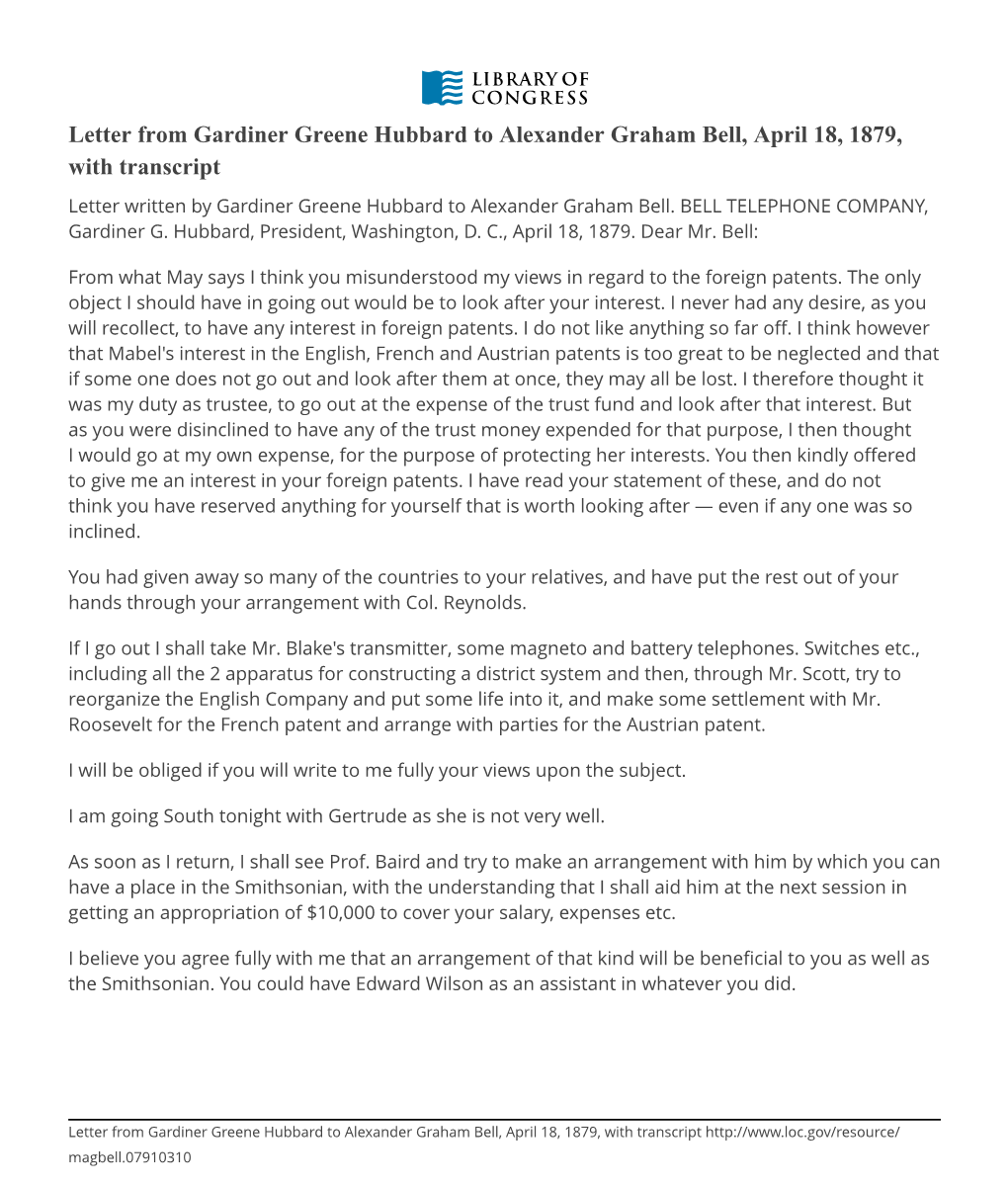 Letter from Gardiner Greene Hubbard to Alexander Graham Bell, April 18, 1879, with Transcript