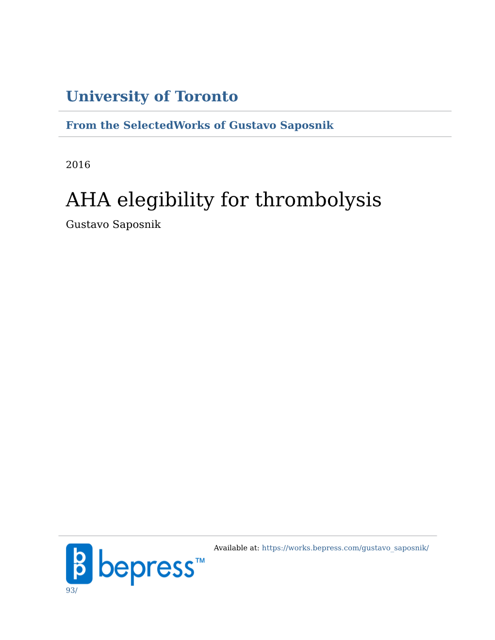 AHA Elegibility for Thrombolysis Gustavo Saposnik