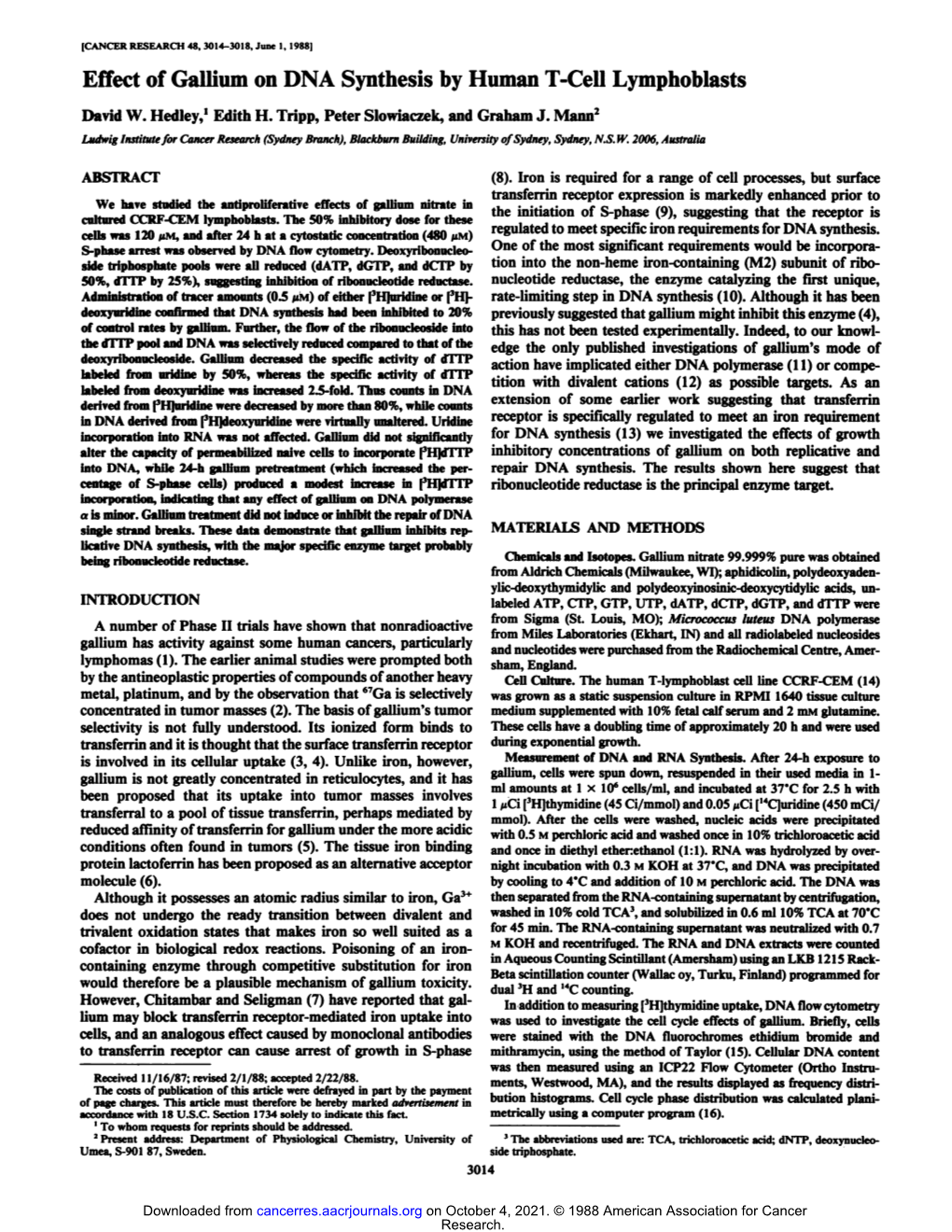 Effect of Gallium on DNA Synthesis by Human T-Cell Lymphoblasts David W