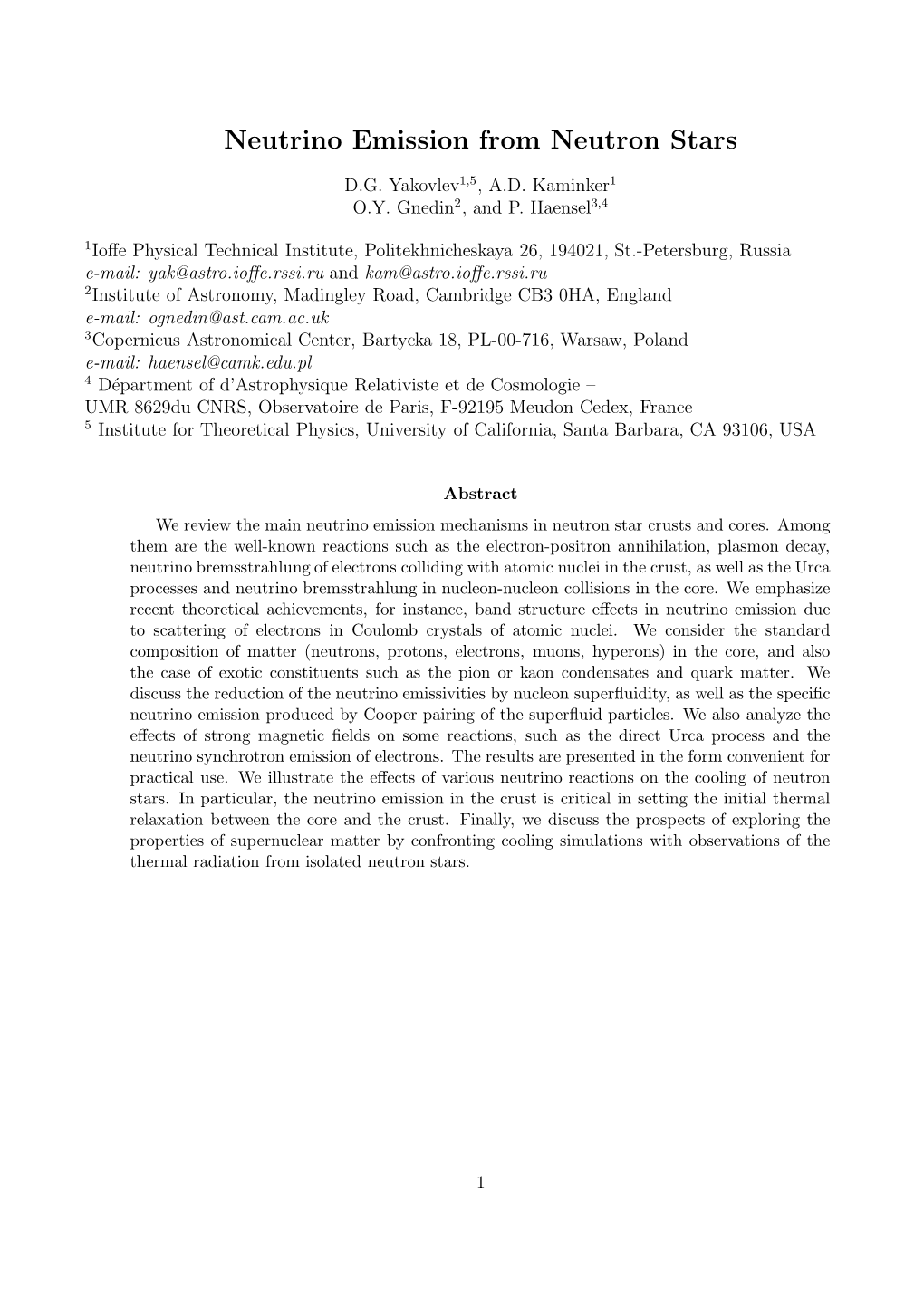 Neutrino Emission from Neutron Stars