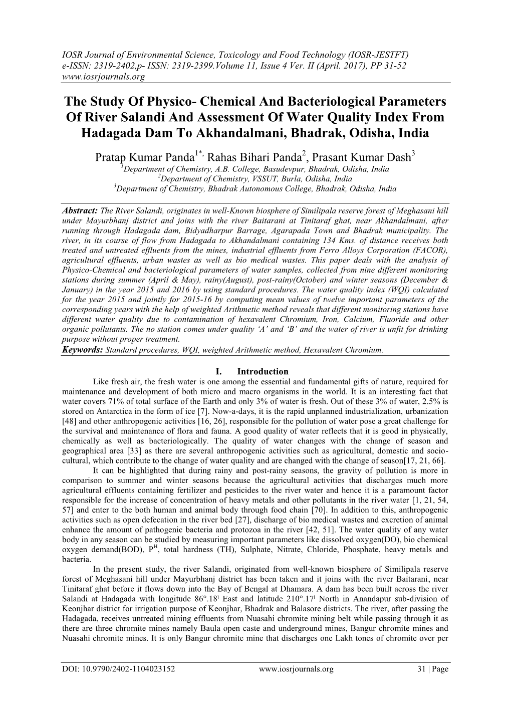 The Study of Physico- Chemical and Bacteriological Parameters of River Salandi and Assessment of Water Quality Index from Hadaga