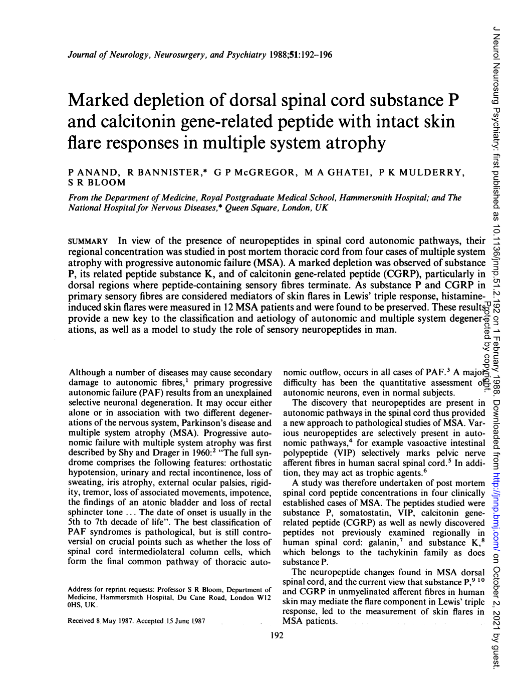 Marked Depletion of Dorsal Spinal Cord Substance P and Calcitonin Gene-Related Peptide with Intact Skin Flare Responses in Multiple System Atrophy