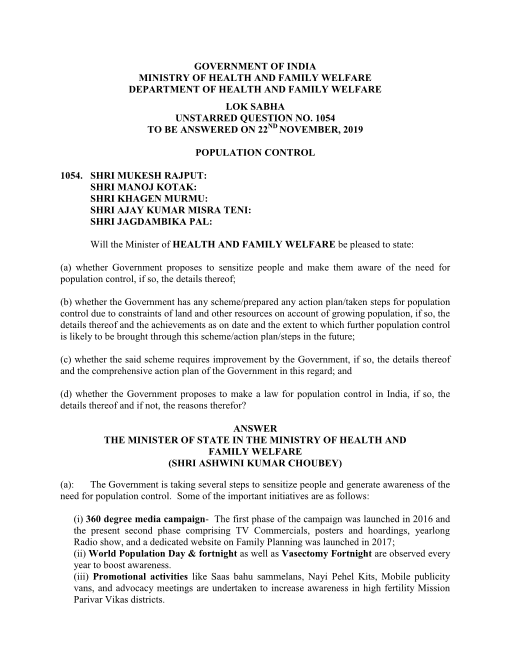 Government of India Ministry of Health and Family Welfare Department of Health and Family Welfare Lok Sabha Unstarred Question No