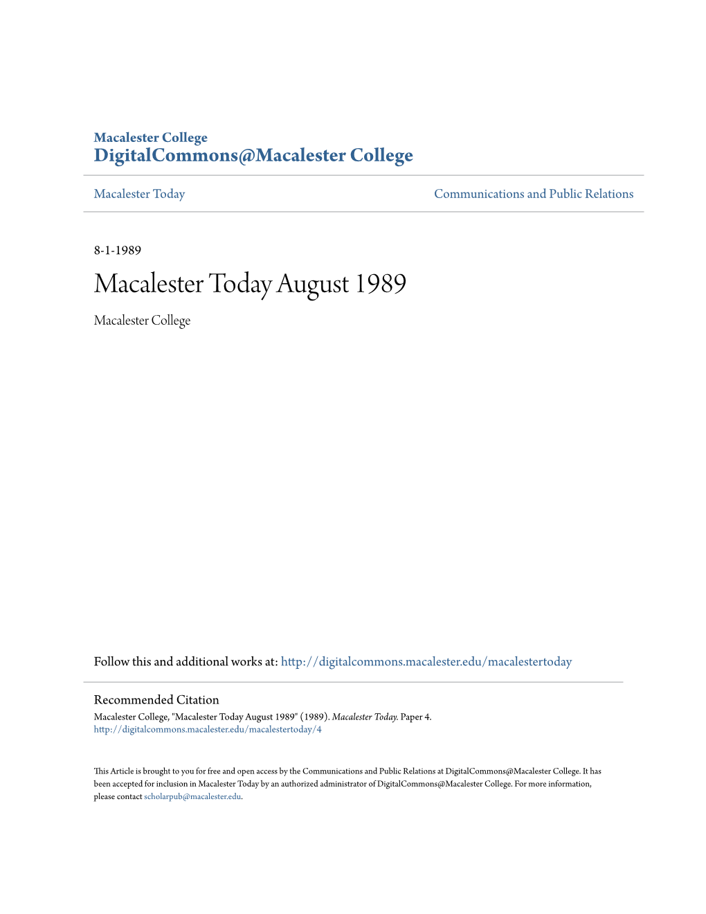 Macalester Today August 1989 Macalester College