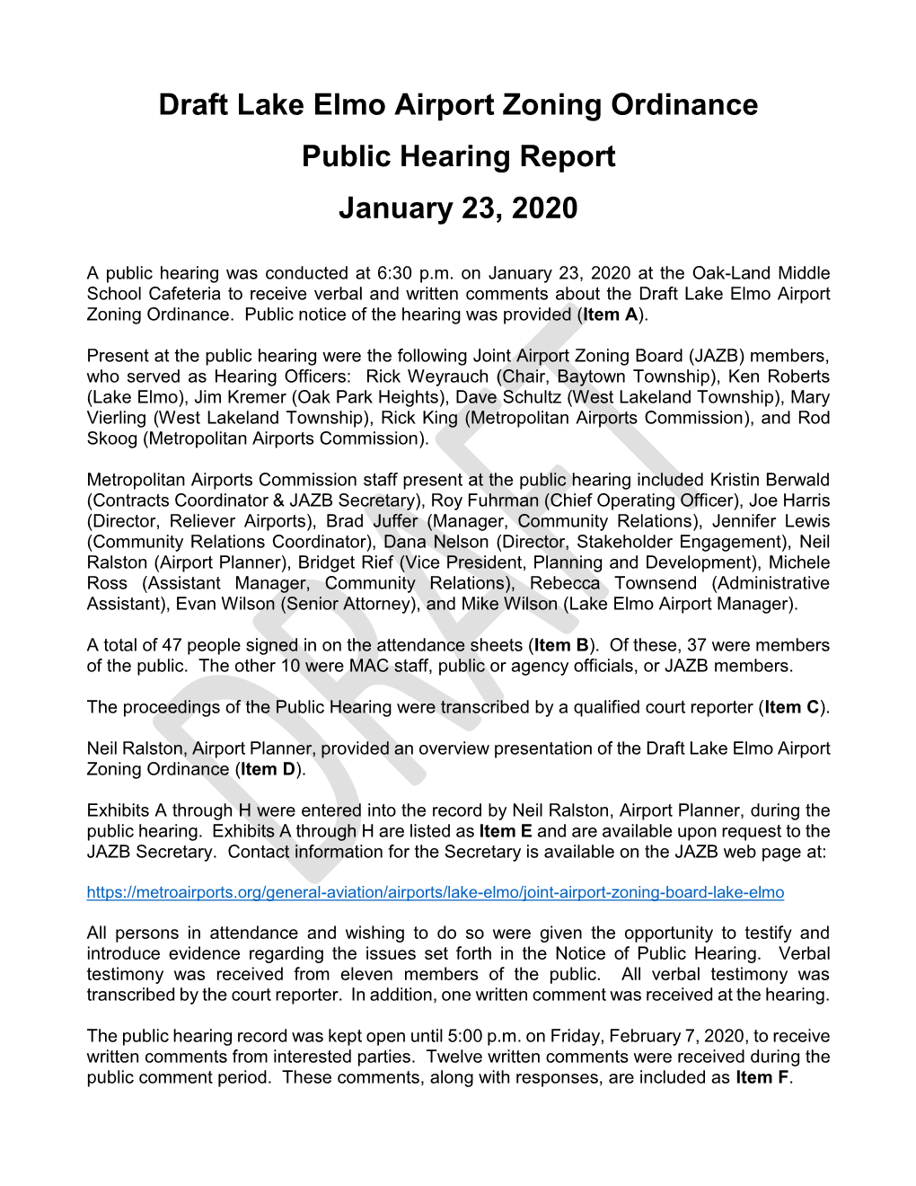 Lake Elmo Airport Zoning Ordinance Public Hearing Report January 23, 2020