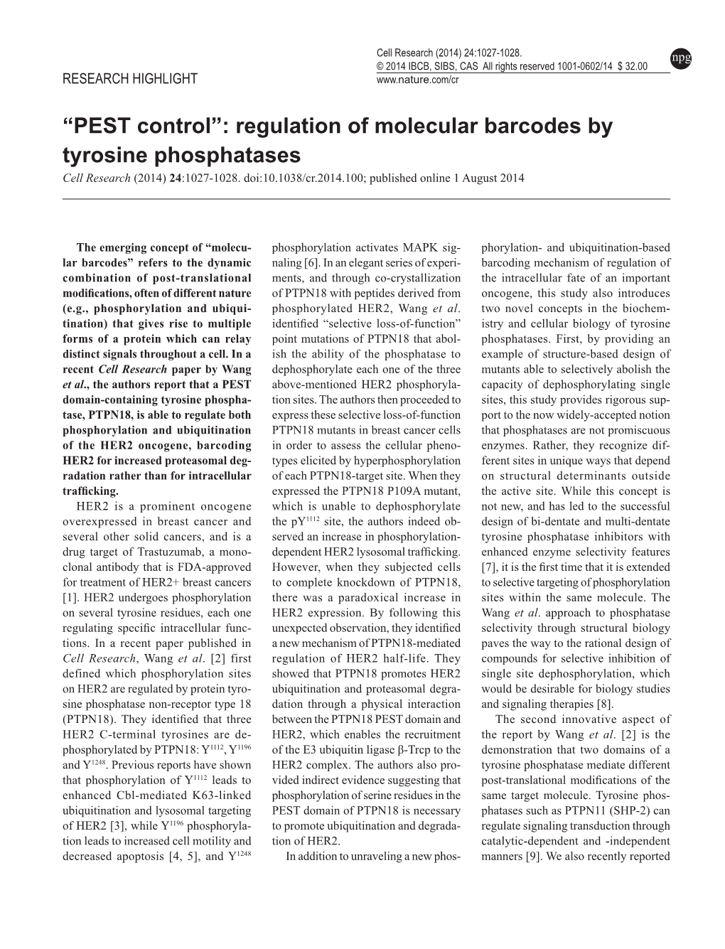 PEST Control”: Regulation of Molecular Barcodes by Tyrosine Phosphatases Cell Research (2014) 24:1027-1028