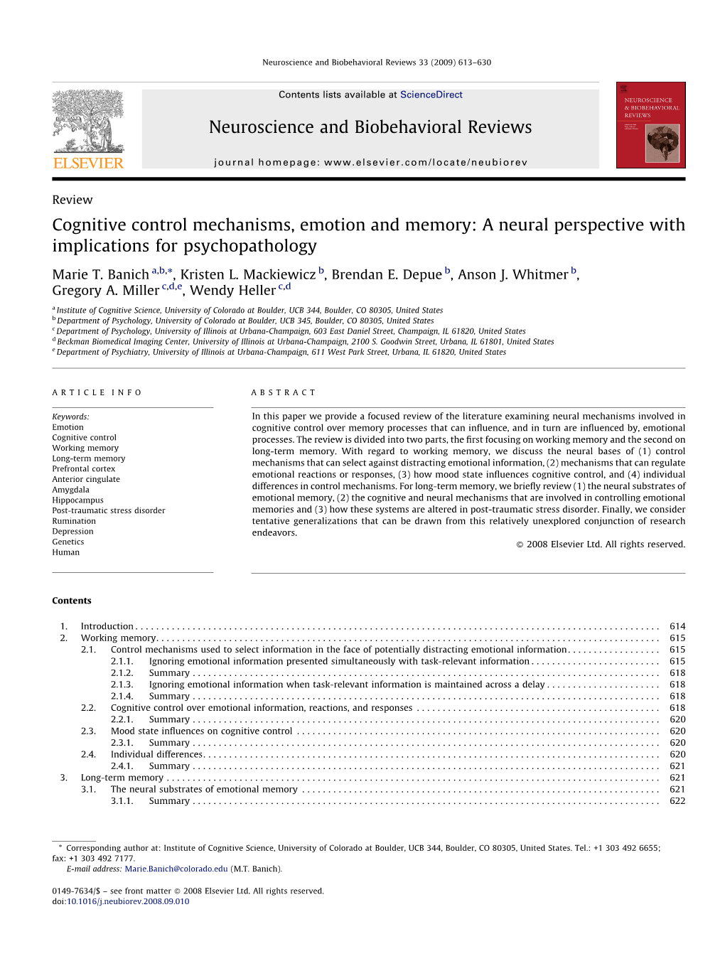 Cognitive Control Mechanisms, Emotion and Memory: a Neural Perspective with Implications for Psychopathology