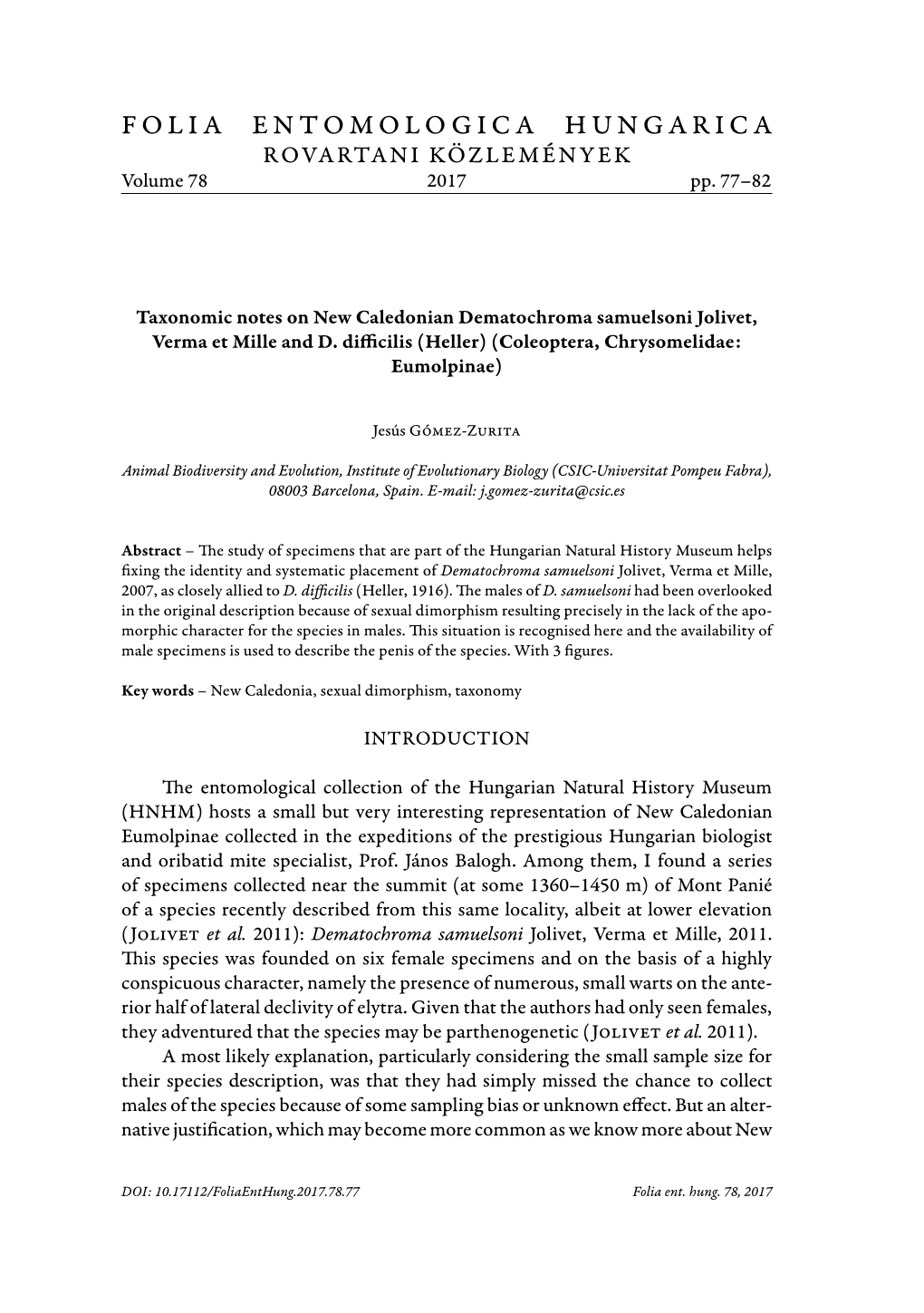 Taxonomic Notes on New Caledonian Dematochroma Samuelsoni Jolivet, Verma Et Mille and D