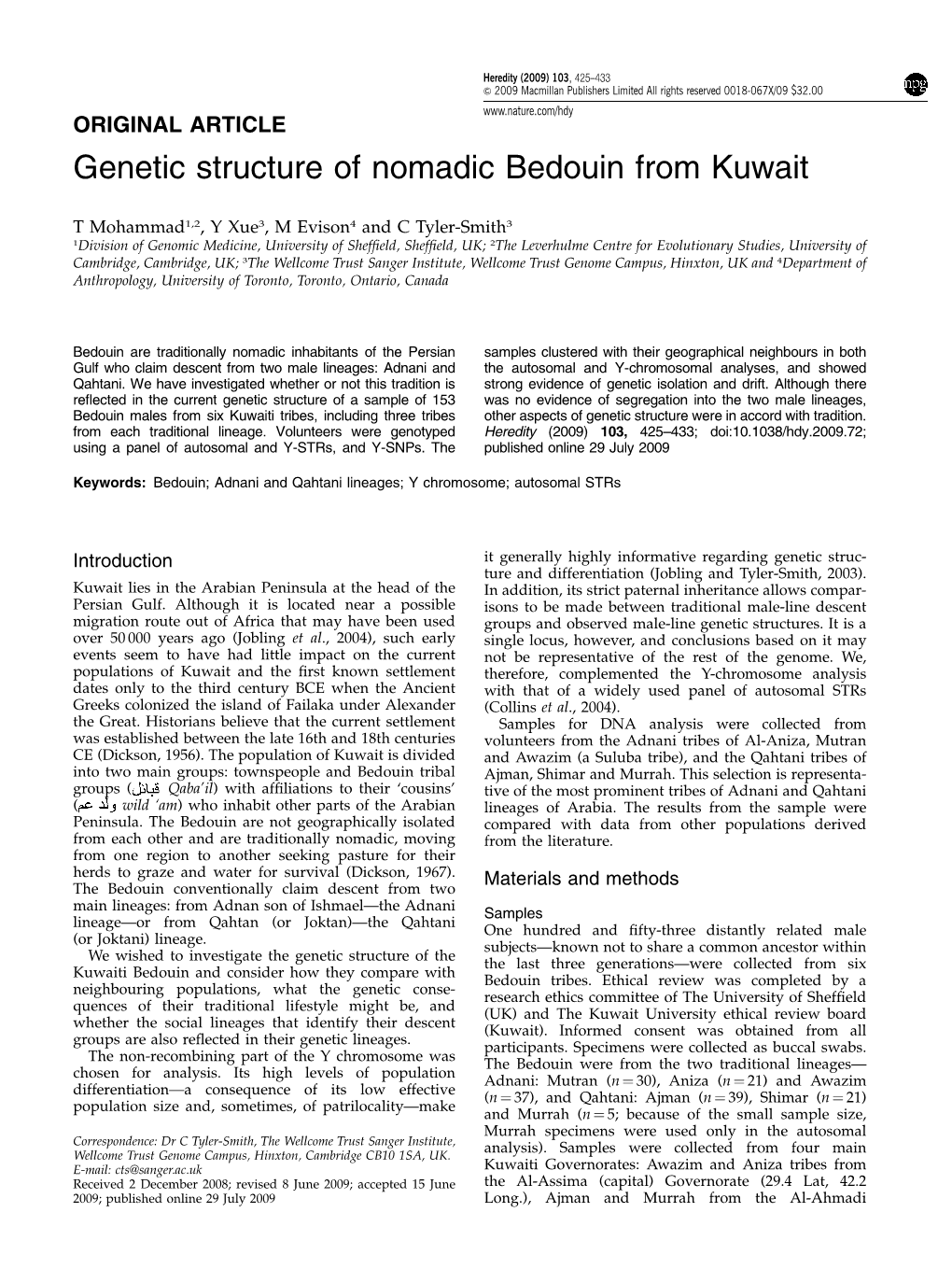 Genetic Structure of Nomadic Bedouin from Kuwait