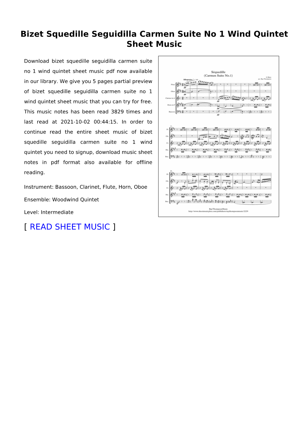 Bizet Squedille Seguidilla Carmen Suite No 1 Wind Quintet Sheet Music