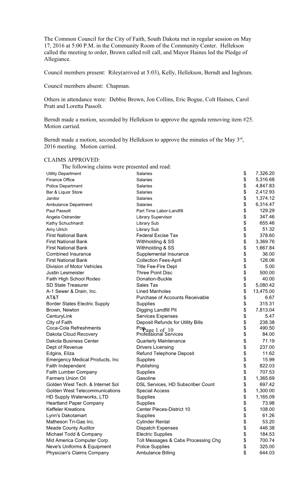 The Common Council for the City of Faith, South Dakota Met in Regular Session on May 17