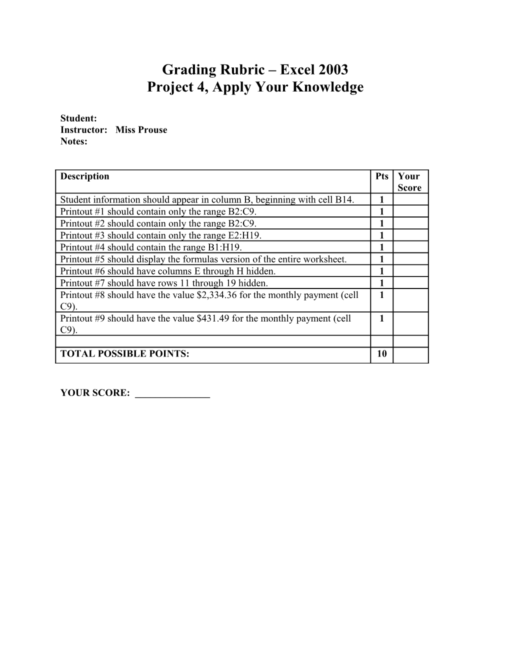 Grading Rubric Excel 2003