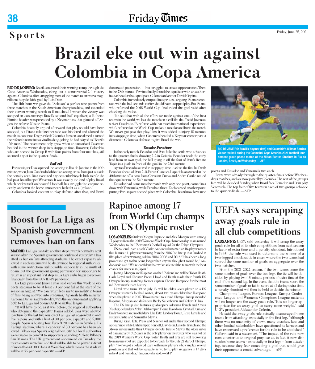 Brazil Eke out Win Against Colombia in Copa America