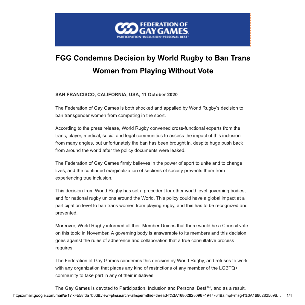 FGG Condemns Decision by World Rugby to Ban Trans Women from Playing Without Vote