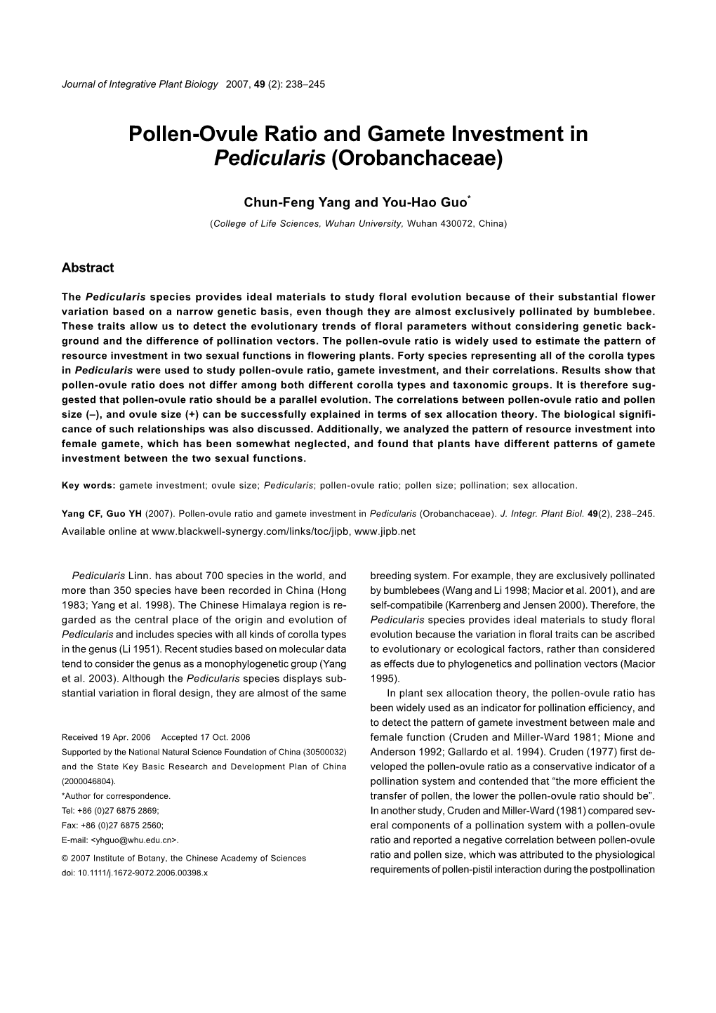 Pollen-Ovule Ratio and Gamete Investment in Pedicularis (Orobanchaceae)