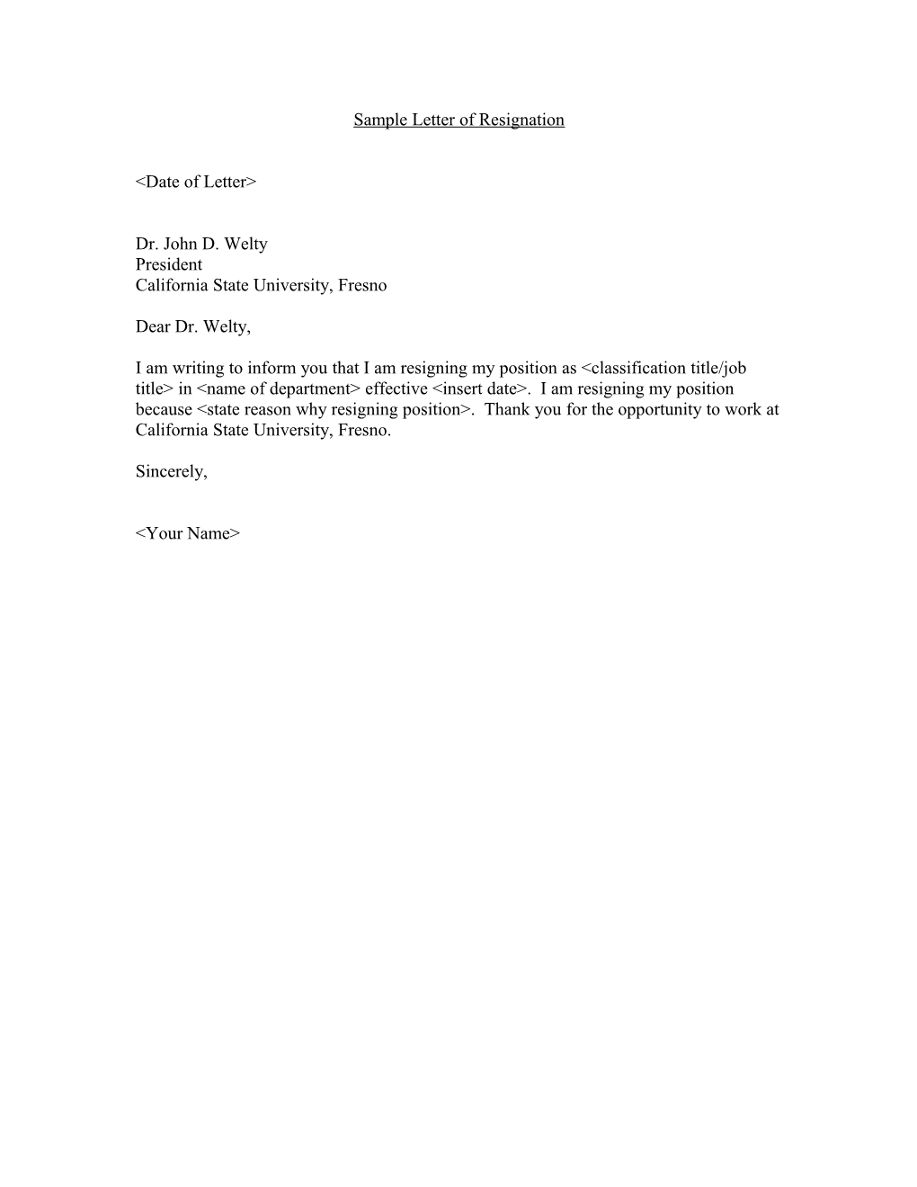 Sample Letter Of Employee Resignation Faculty