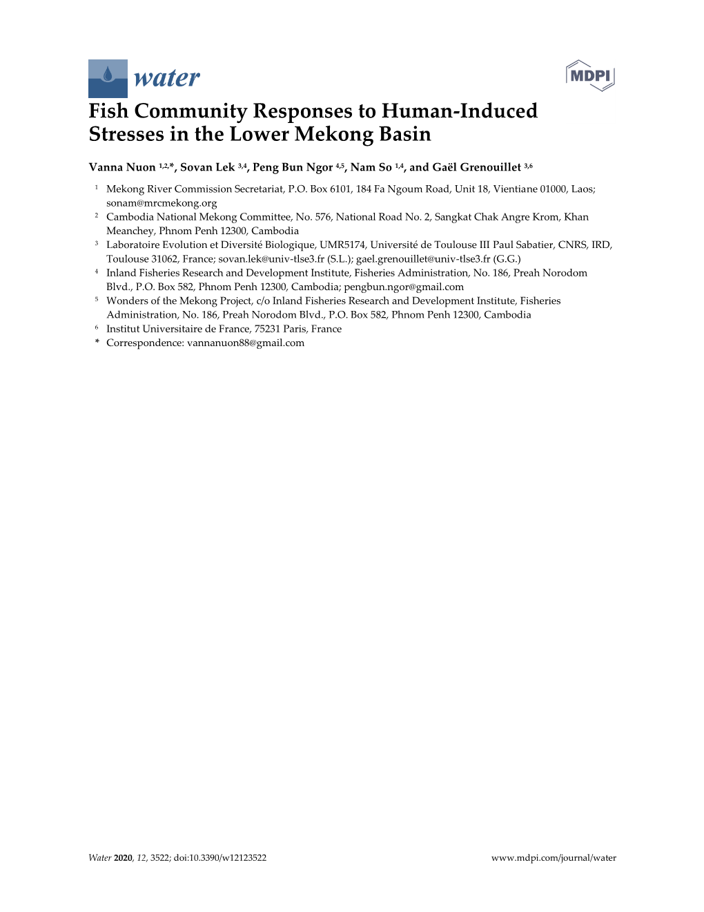 Fish Community Responses to Human-Induced Stresses in the Lower Mekong Basin