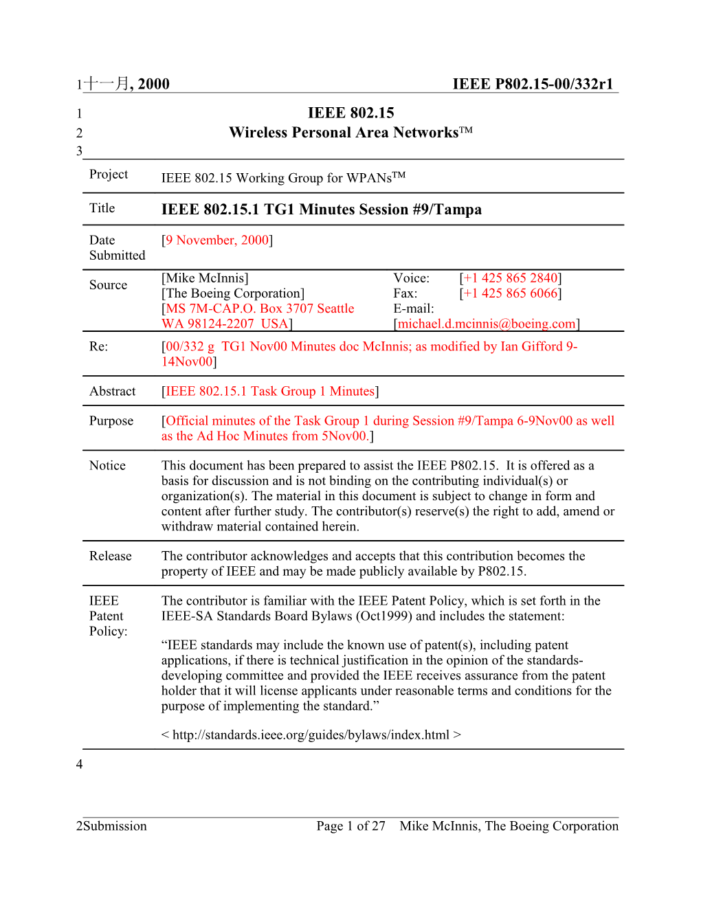 IEEE 802.15.1 TG1 Minutes Session #9/Tampa